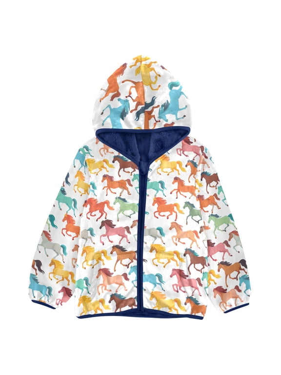 BZSMCE Double-Sided Sherpa Fleece Hooded Zipper Jacket Horse Pattern Pattern Batik Dye Method Print Warm Outerwear