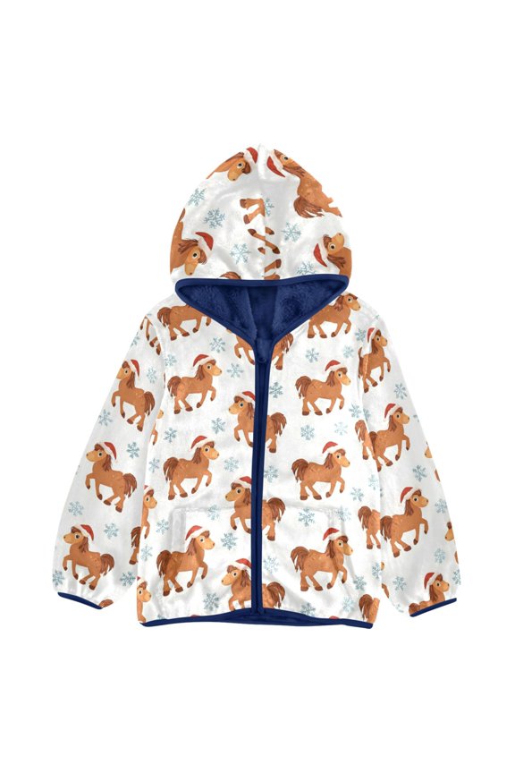 BZSMCE Double-Sided Sherpa Fleece Hooded Zipper Jacket Horse Santa Hat Snowflakes Pattern Pattern Batik Dye Method Print Warm Outerwear