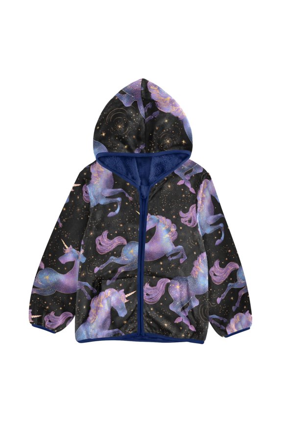 BZSMCE Double-Sided Sherpa Fleece Hooded Zipper Jacket Horse Starry Sky Pattern Pattern Batik Dye Method Print Warm Outerwear