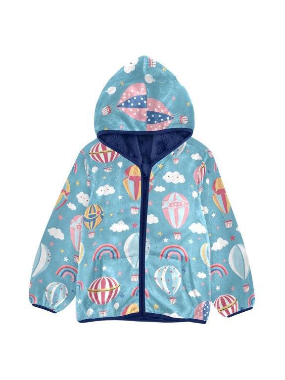 BZSMCE Double-Sided Sherpa Fleece Hooded Zipper Jacket Hot Air Balloon Clouds Rainbow Pattern Pattern Batik Dye Method Print Warm Outerwear