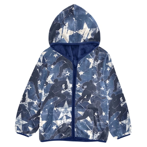 BZSMCE Double-Sided Sherpa Fleece Hooded Zipper Jacket Ice Hockey Player Silhouette Pentagram Pattern Pattern Batik Dye Method Print Warm Outerwear