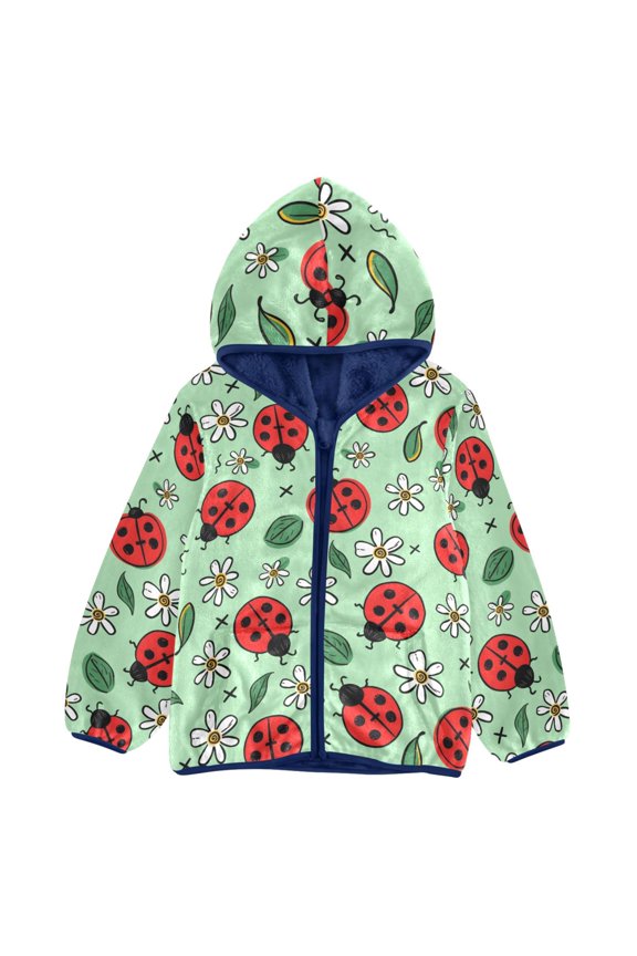 BZSMCE Double-Sided Sherpa Fleece Hooded Zipper Jacket Ladybug Flower Pattern Pattern Batik Dye Method Print Warm Outerwear