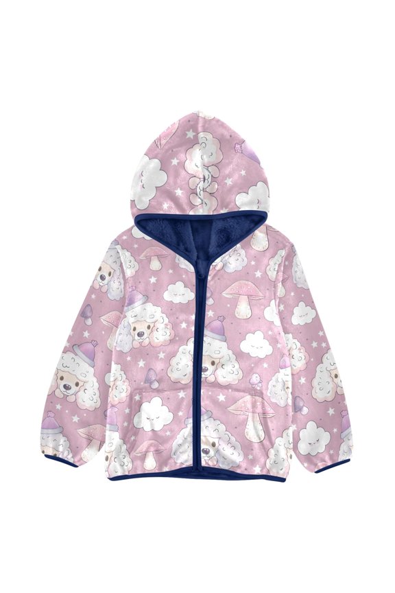 BZSMCE Double-Sided Sherpa Fleece Hooded Zipper Jacket Lamb Dog Cloud Pattern Pattern Batik Dye Method Print Warm Outerwear