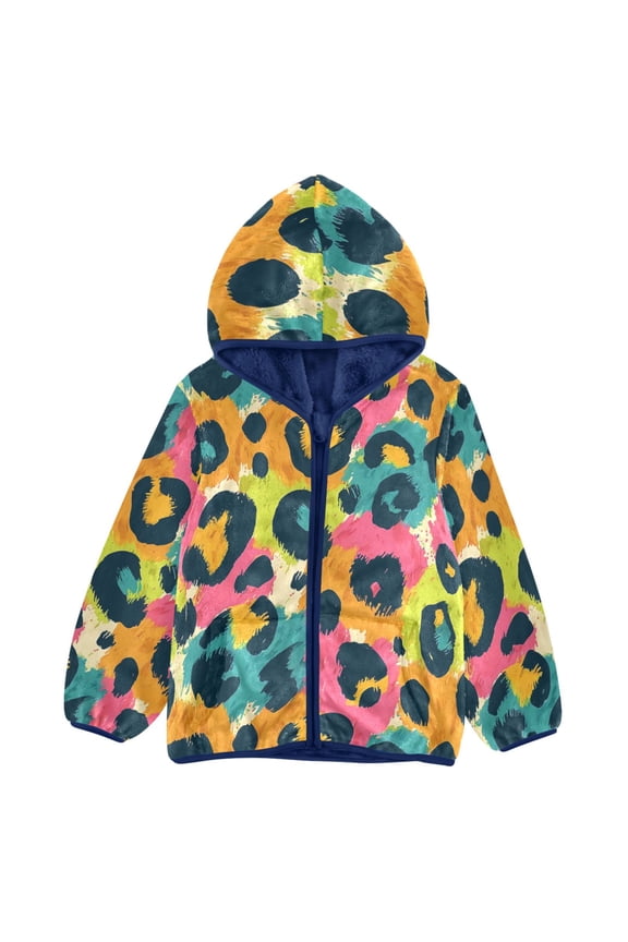 BZSMCE Double-Sided Sherpa Fleece Hooded Zipper Jacket Leopard Print Pattern Pattern Batik Dye Method Print Warm Outerwear