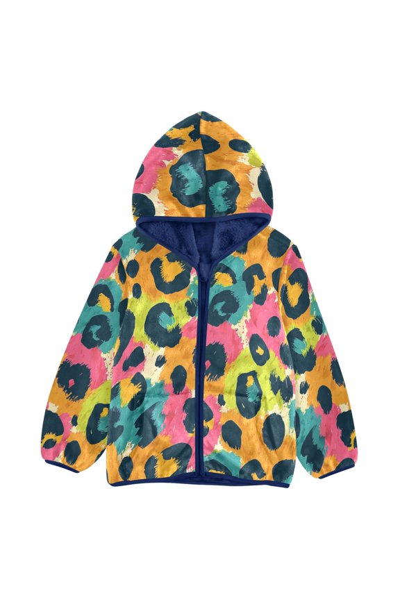 BZSMCE Double-Sided Sherpa Fleece Hooded Zipper Jacket Leopard Print Pattern Pattern Batik Dye Method Print Warm Outerwear