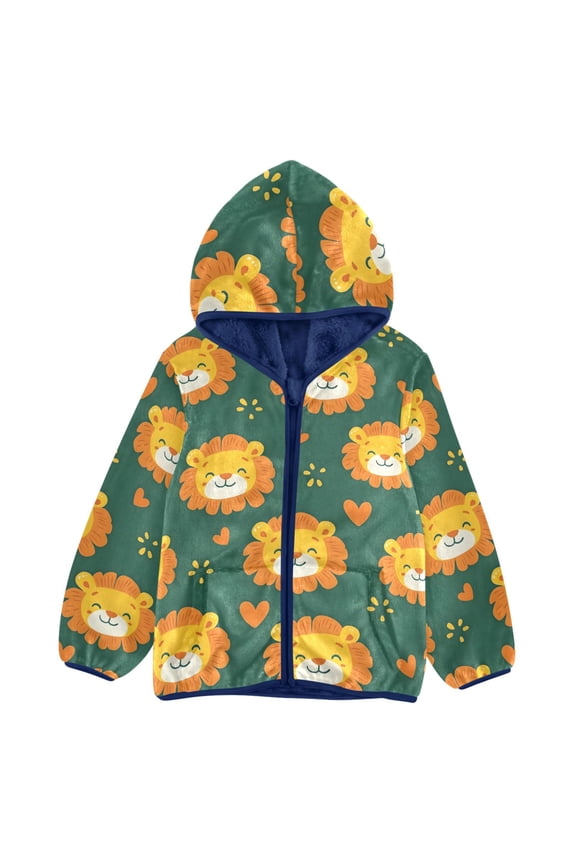 BZSMCE Double-Sided Sherpa Fleece Hooded Zipper Jacket Lion Heart Pattern Pattern Batik Dye Method Print Warm Outerwear