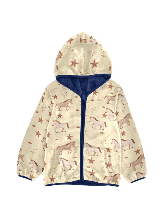 BZSMCE Double-Sided Sherpa Fleece Hooded Zipper Jacket Little Horse Star Pattern Pattern Batik Dye Method Print Warm Outerwear