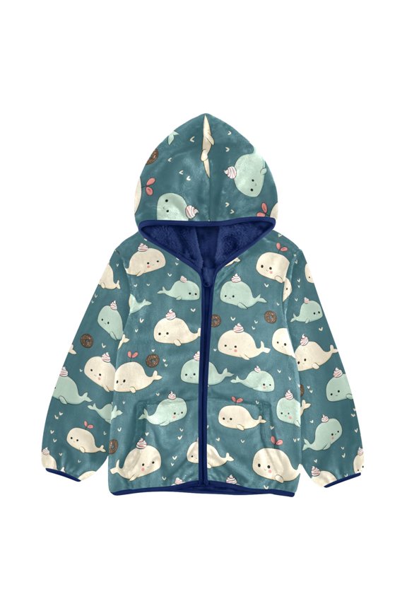 BZSMCE Double-Sided Sherpa Fleece Hooded Zipper Jacket Little Whale Pattern Pattern Batik Dye Method Print Warm Outerwear