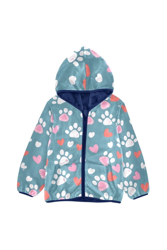 BZSMCE Double-Sided Sherpa Fleece Hooded Zipper Jacket Love Footprint Pattern Pattern Batik Dye Method Print Warm Outerwear
