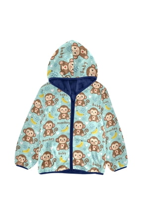 BZSMCE Double-Sided Sherpa Fleece Hooded Zipper Jacket Monkey Bananas Pattern Batik Dye Method Print Warm Outerwear