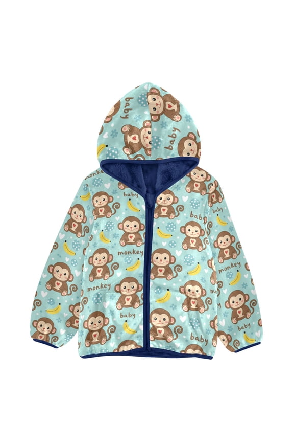 BZSMCE Double-Sided Sherpa Fleece Hooded Zipper Jacket Monkey Bananas Pattern Batik Dye Method Print Warm Outerwear