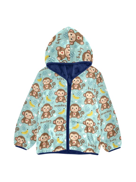 BZSMCE Double-Sided Sherpa Fleece Hooded Zipper Jacket Monkey Bananas Pattern Batik Dye Method Print Warm Outerwear