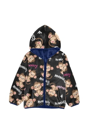 BZSMCE Double-Sided Sherpa Fleece Hooded Zipper Jacket Monkey Pattern Pattern Batik Dye Method Print Warm Outerwear