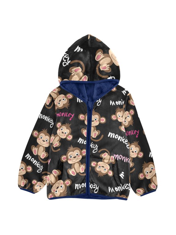 BZSMCE Double-Sided Sherpa Fleece Hooded Zipper Jacket Monkey Pattern Pattern Batik Dye Method Print Warm Outerwear