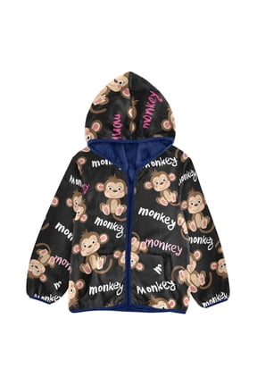 BZSMCE Double-Sided Sherpa Fleece Hooded Zipper Jacket Monkey Pattern Pattern Batik Dye Method Print Warm Outerwear