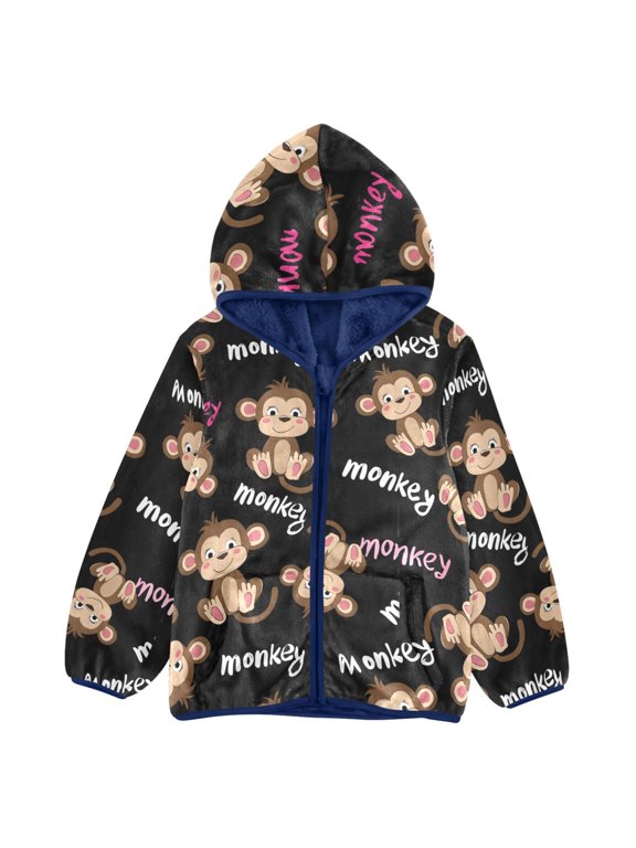 BZSMCE Double-Sided Sherpa Fleece Hooded Zipper Jacket Monkey Pattern Pattern Batik Dye Method Print Warm Outerwear