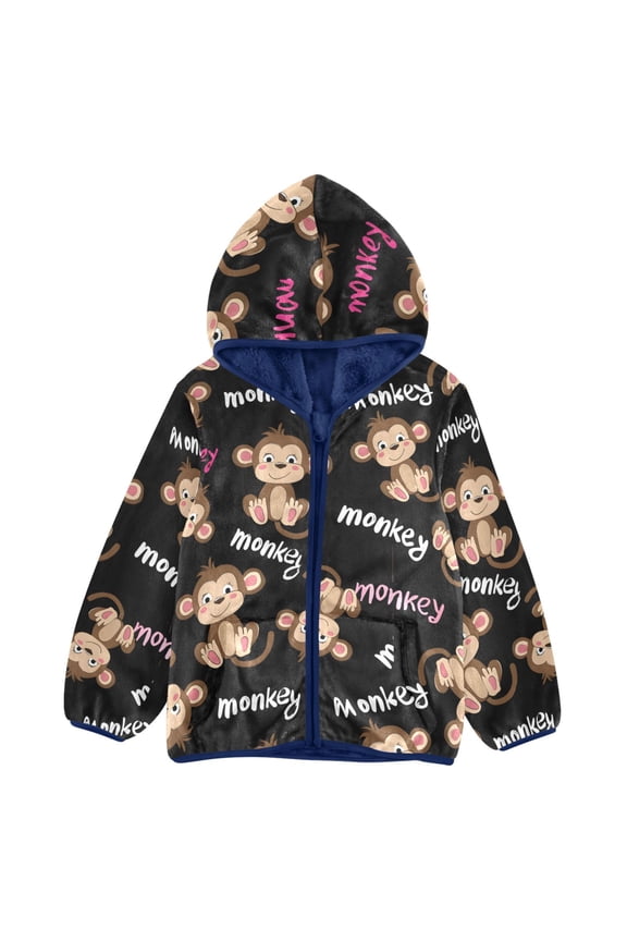 BZSMCE Double-Sided Sherpa Fleece Hooded Zipper Jacket Monkey Pattern Pattern Batik Dye Method Print Warm Outerwear