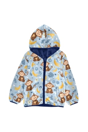 BZSMCE Double-Sided Sherpa Fleece Hooded Zipper Jacket Monkey Yellow Banana Pattern Pattern Batik Dye Method Print Warm Outerwear