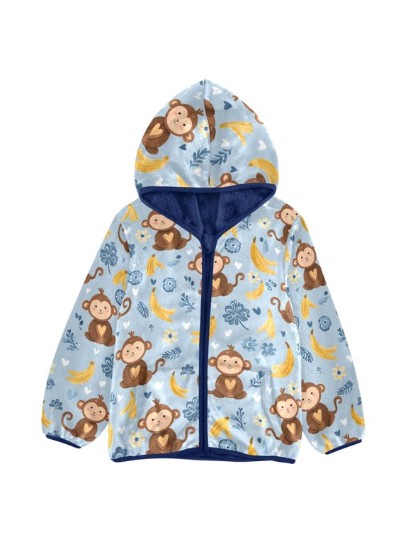 BZSMCE Double-Sided Sherpa Fleece Hooded Zipper Jacket Monkey Yellow Banana Pattern Pattern Batik Dye Method Print Warm Outerwear
