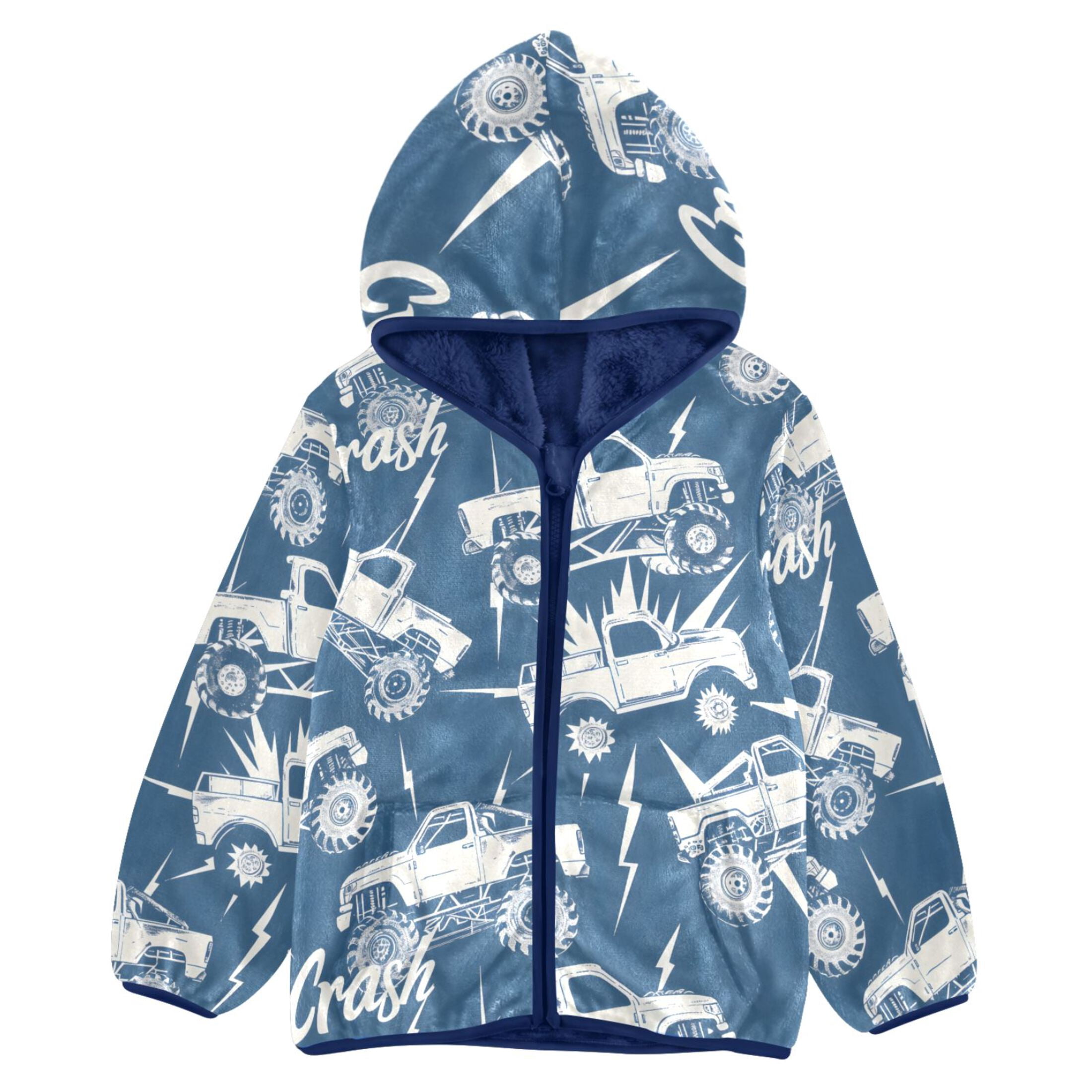 BZSMCE Double-Sided Sherpa Fleece Hooded Zipper Jacket Monster Truck ...