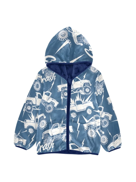 BZSMCE Double-Sided Sherpa Fleece Hooded Zipper Jacket Monster Truck Blue and White Pattern Pattern Batik Dye Method Print Warm Outerwear