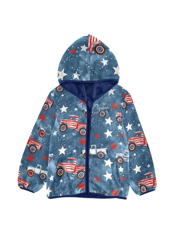 BZSMCE Double-Sided Sherpa Fleece Hooded Zipper Jacket Monster Truck Five-pointed Star Red and White Stripes Pattern Pattern Batik Dye Method Print Warm Outerwear