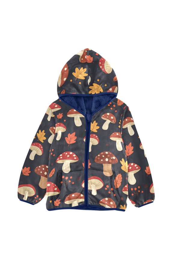 BZSMCE Double-Sided Sherpa Fleece Hooded Zipper Jacket Mushroom Maple Leaf Pattern Pattern Batik Dye Method Print Warm Outerwear