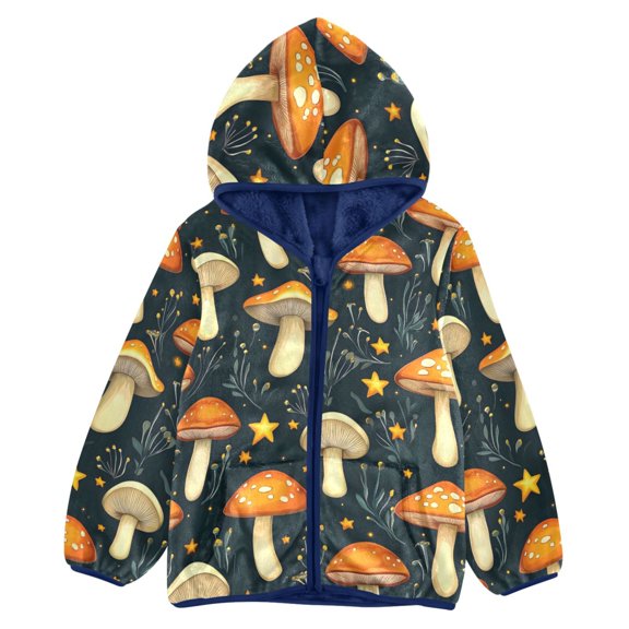 BZSMCE Double-Sided Sherpa Fleece Hooded Zipper Jacket Mushroom Star Pattern Pattern Batik Dye Method Print Warm Outerwear