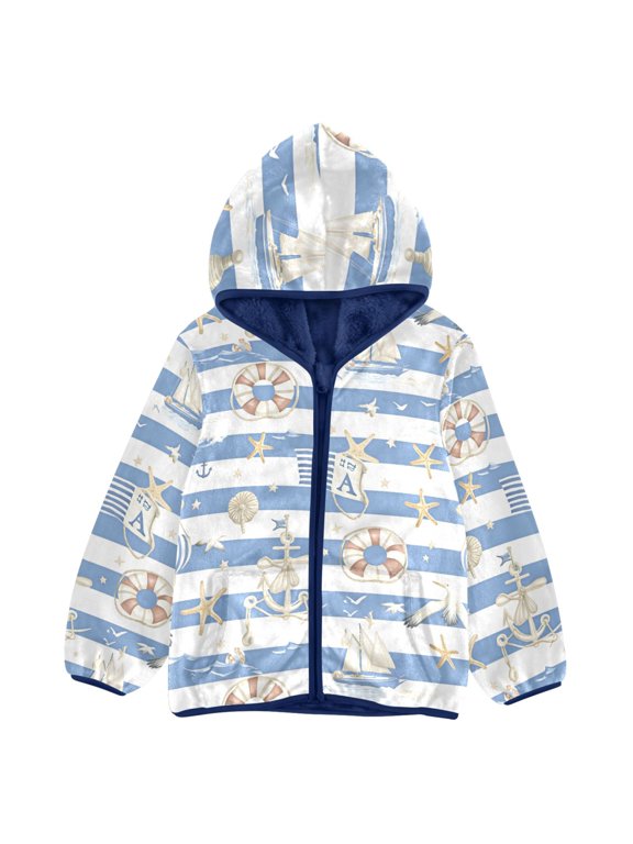 BZSMCE Double-Sided Sherpa Fleece Hooded Zipper Jacket Nautical Stripe Pattern Pattern Batik Dye Method Print Warm Outerwear