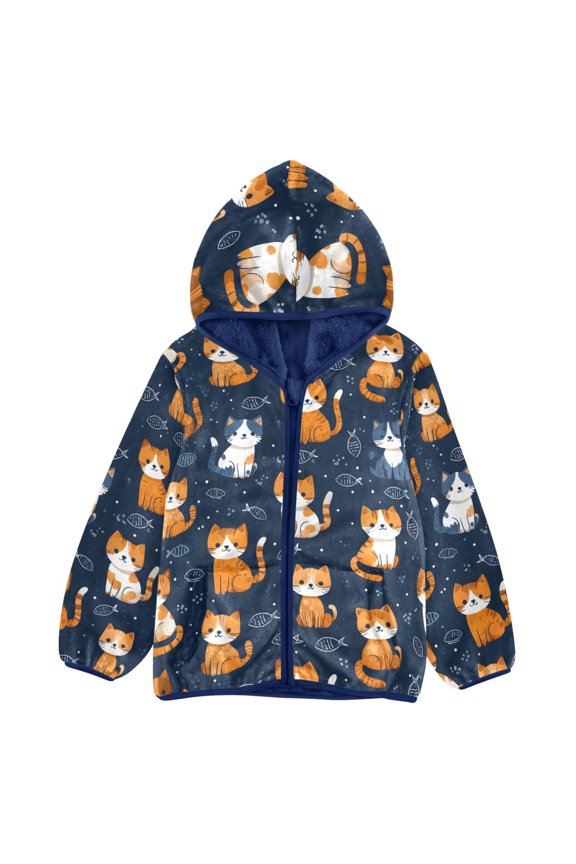 BZSMCE Double-Sided Sherpa Fleece Hooded Zipper Jacket Orange Cat Pattern Pattern Batik Dye Method Print Warm Outerwear