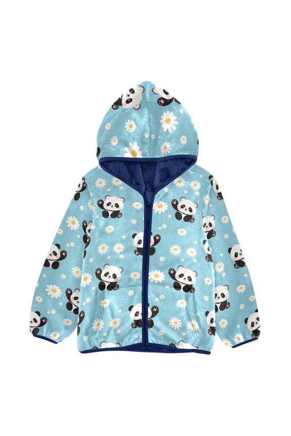 BZSMCE Double-Sided Sherpa Fleece Hooded Zipper Jacket Panda Daisy Pattern Pattern Batik Dye Method Print Warm Outerwear