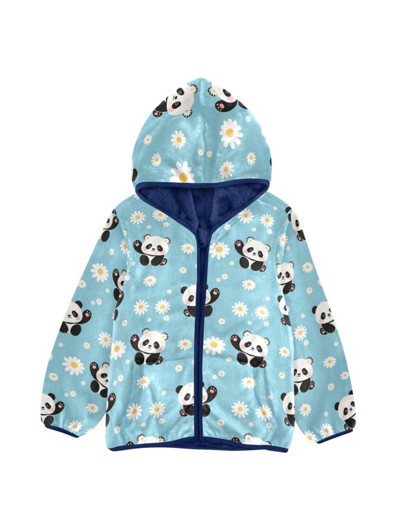 BZSMCE Double-Sided Sherpa Fleece Hooded Zipper Jacket Panda Daisy Pattern Pattern Batik Dye Method Print Warm Outerwear