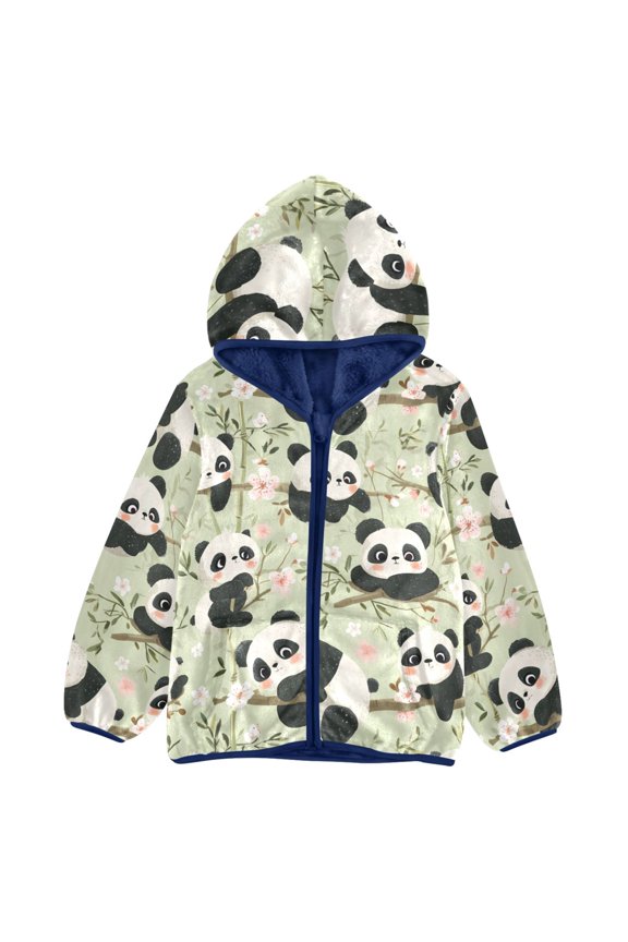 BZSMCE Double-Sided Sherpa Fleece Hooded Zipper Jacket Panda Flowers Pattern Pattern Batik Dye Method Print Warm Outerwear