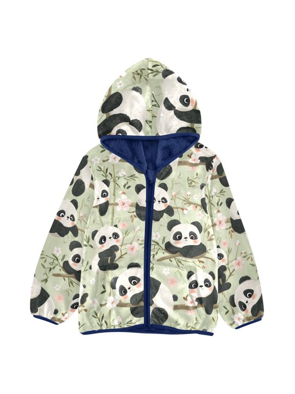 BZSMCE Double-Sided Sherpa Fleece Hooded Zipper Jacket Panda Flowers Pattern Pattern Batik Dye Method Print Warm Outerwear