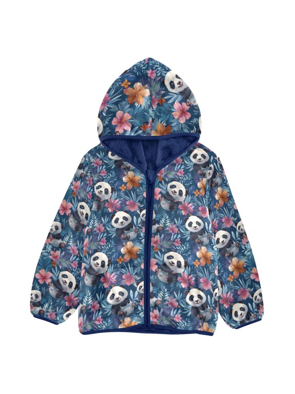 BZSMCE Double-Sided Sherpa Fleece Hooded Zipper Jacket Pandas Frolicking Pattern Pattern Batik Dye Method Print Warm Outerwear
