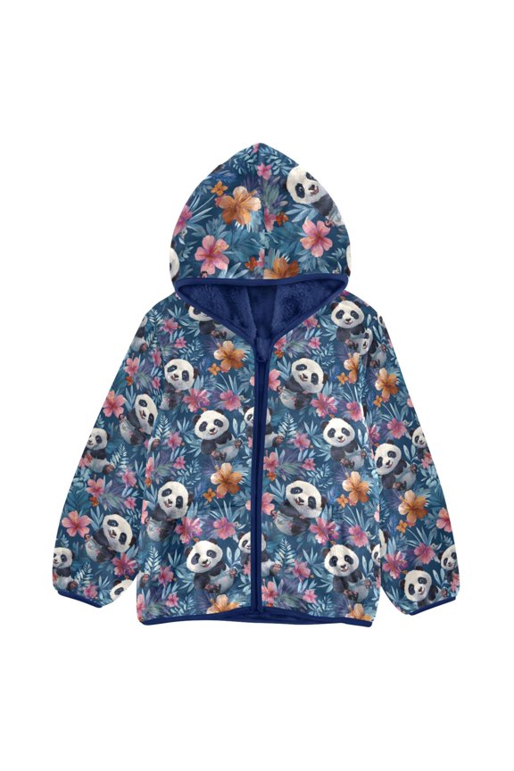BZSMCE Double-Sided Sherpa Fleece Hooded Zipper Jacket Pandas Frolicking Pattern Pattern Batik Dye Method Print Warm Outerwear