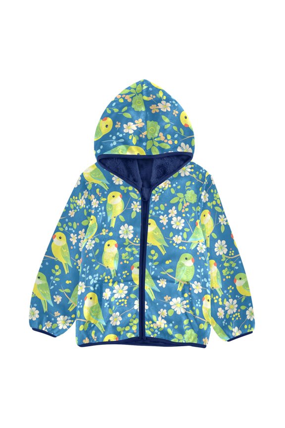 BZSMCE Double-Sided Sherpa Fleece Hooded Zipper Jacket Parrot Flower Pattern Pattern Batik Dye Method Print Warm Outerwear