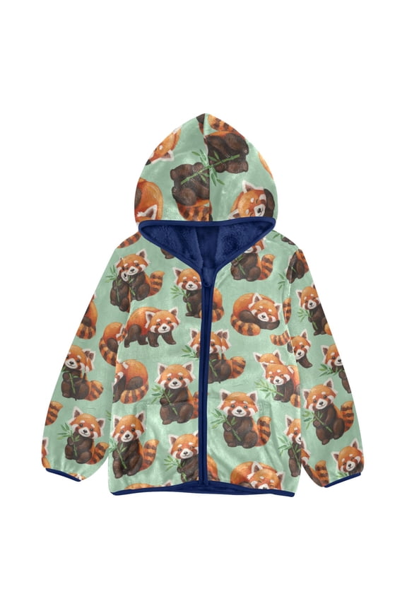 BZSMCE Double-Sided Sherpa Fleece Hooded Zipper Jacket レッサーパンダ柄 Pattern Batik Dye Method Print Warm Outerwear