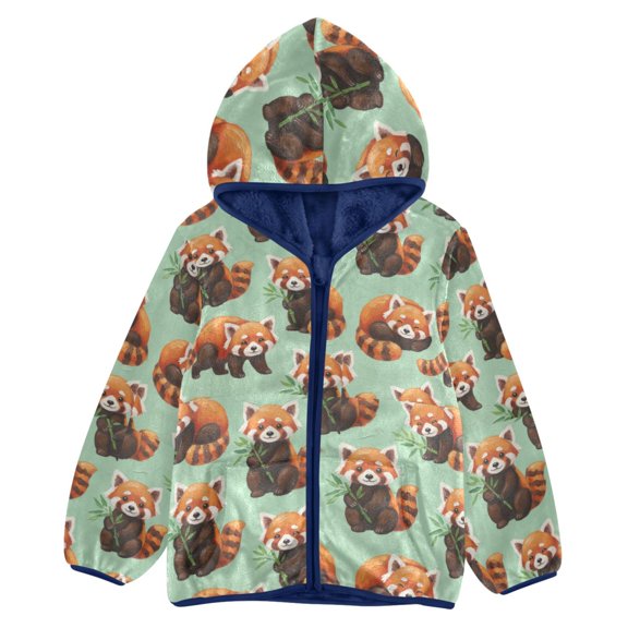 BZSMCE Double-Sided Sherpa Fleece Hooded Zipper Jacket レッサーパンダ柄 Pattern Batik Dye Method Print Warm Outerwear