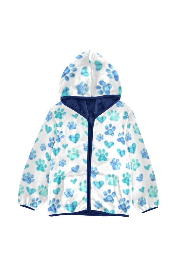 BZSMCE Double-Sided Sherpa Fleece Hooded Zipper Jacket Paws Love Pattern Pattern Batik Dye Method Print Warm Outerwear