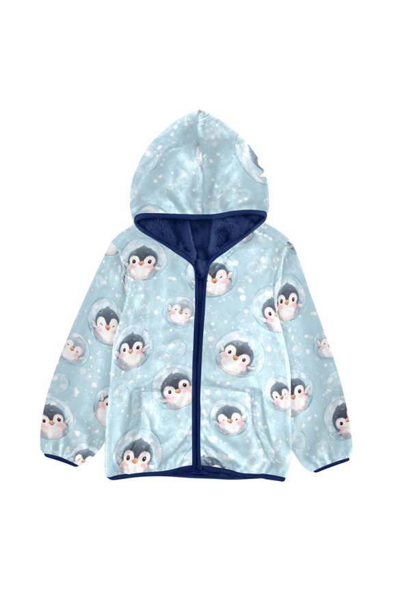 BZSMCE Double-Sided Sherpa Fleece Hooded Zipper Jacket Penguin Bubbles Snow Pattern Pattern Batik Dye Method Print Warm Outerwear
