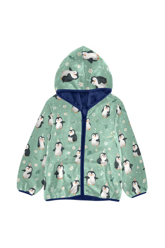 BZSMCE Double-Sided Sherpa Fleece Hooded Zipper Jacket Penguin Flower Pattern Pattern Batik Dye Method Print Warm Outerwear