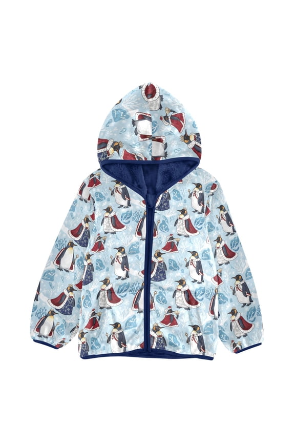 BZSMCE Double-Sided Sherpa Fleece Hooded Zipper Jacket Penguin King Queen Leaf Pattern Pattern Batik Dye Method Print Warm Outerwear