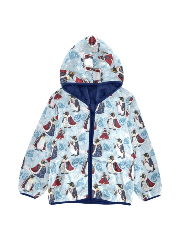 BZSMCE Double-Sided Sherpa Fleece Hooded Zipper Jacket Penguin King Queen Leaf Pattern Pattern Batik Dye Method Print Warm Outerwear