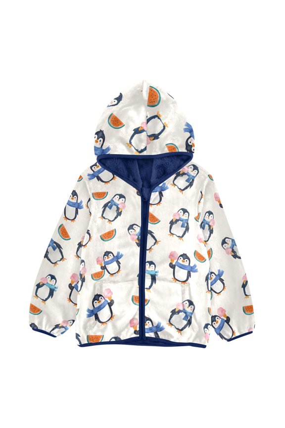 BZSMCE Double-Sided Sherpa Fleece Hooded Zipper Jacket Penguin Watermelon Pattern Pattern Batik Dye Method Print Warm Outerwear
