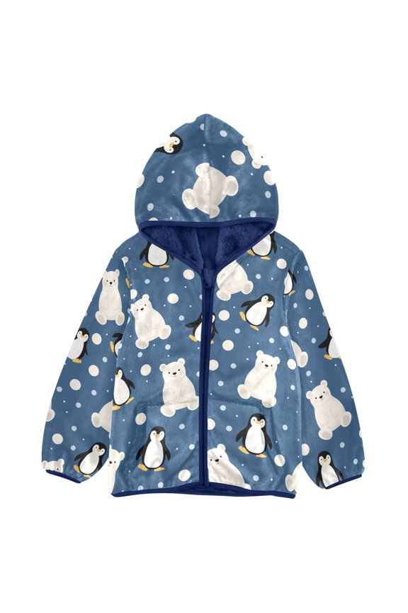 BZSMCE Double-Sided Sherpa Fleece Hooded Zipper Jacket Penguin and White Bear Pattern Pattern Batik Dye Method Print Warm Outerwear