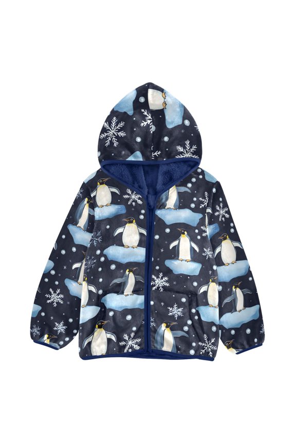 BZSMCE Double-Sided Sherpa Fleece Hooded Zipper Jacket Penguin on Ice Snowflake Pattern Pattern Batik Dye Method Print Warm Outerwear