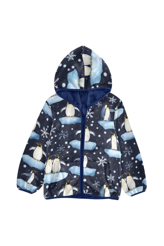 BZSMCE Double-Sided Sherpa Fleece Hooded Zipper Jacket Penguin on Ice Snowflake Pattern Pattern Batik Dye Method Print Warm Outerwear