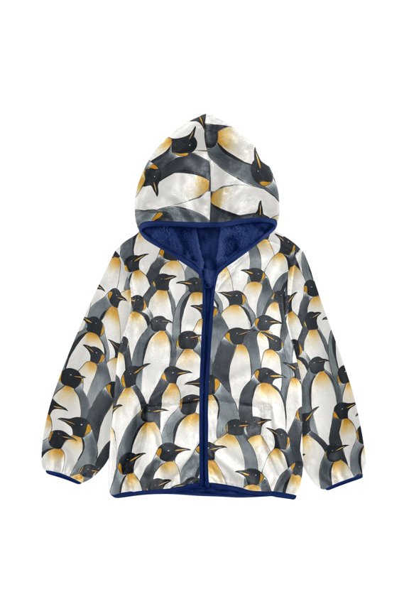 BZSMCE Double-Sided Sherpa Fleece Hooded Zipper Jacket Penguins Pattern Pattern Batik Dye Method Print Warm Outerwear