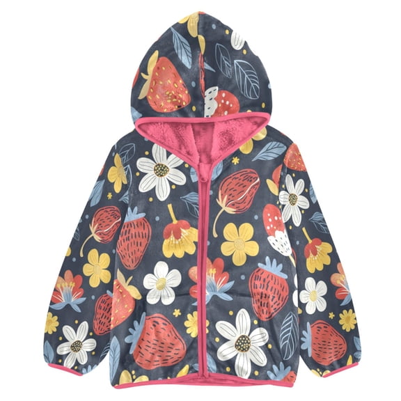 BZSMCE Double-Sided Sherpa Fleece Hooded Zipper Jacket Pink -162- Strawberry Print Warm Outerwear
